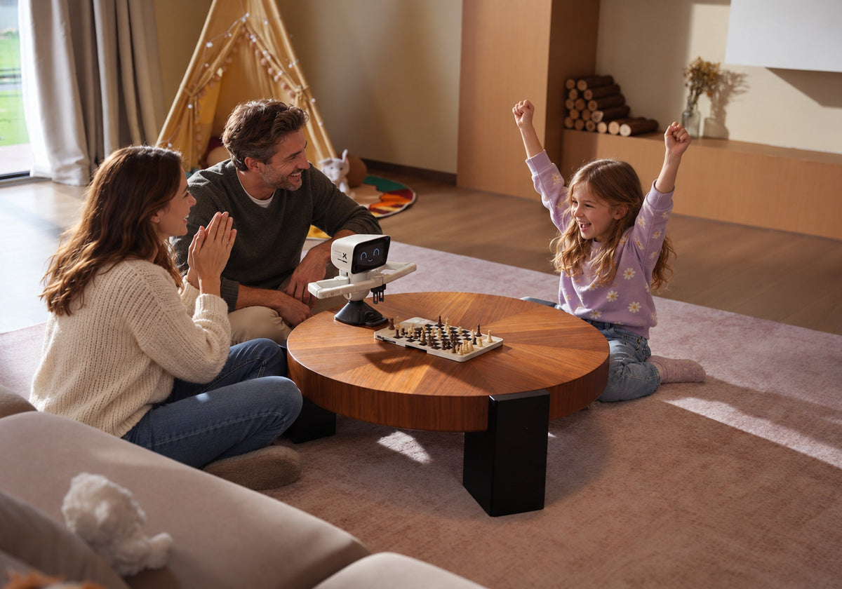 Parents cheer as their daughter plays chess with the SenseRobot AI chess robot at home.