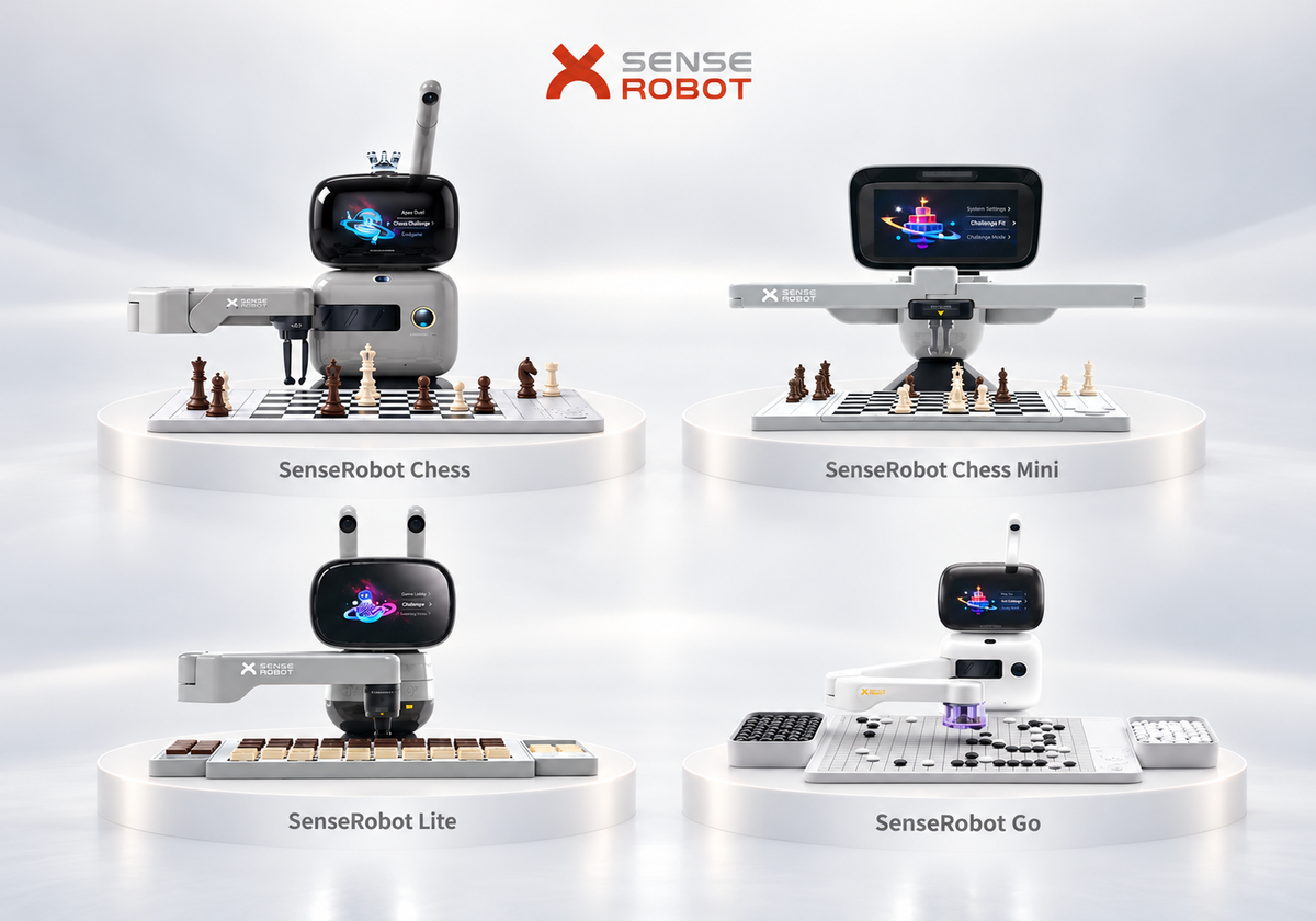SenseRobot AI chess robot lineup featuring SenseRobot Chess, Chess Mini, Chess Lite, and SenseRobot Go, with robotic arms and physical chess and Go boards.
